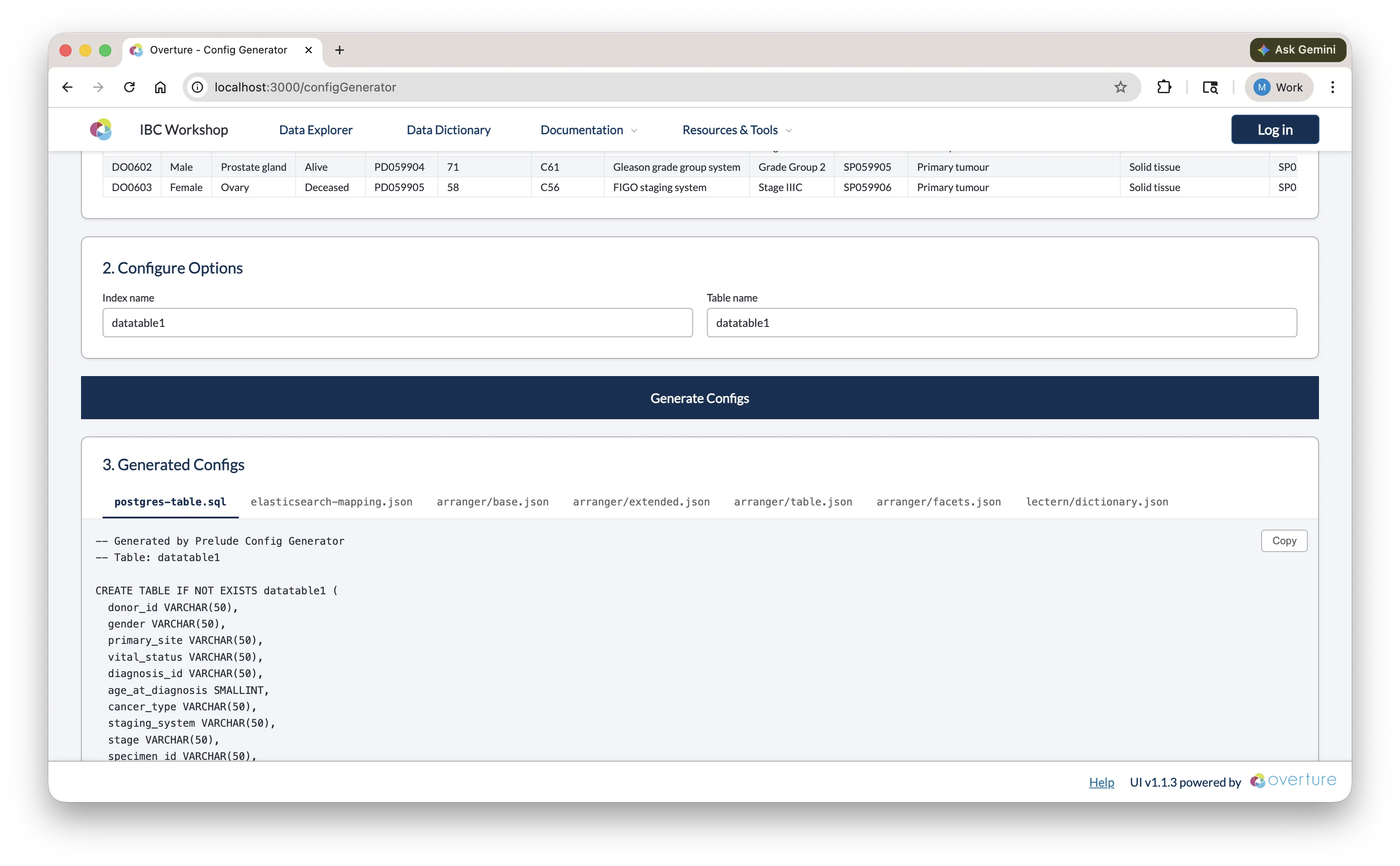Generated output panel with tabs and Copy button